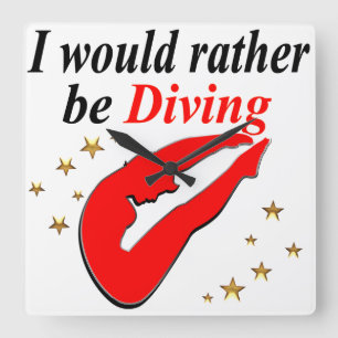 RED I WOULD RATHER BE DIVING INSPIRATIONAL DESIGN SQUARE WALL CLOCK