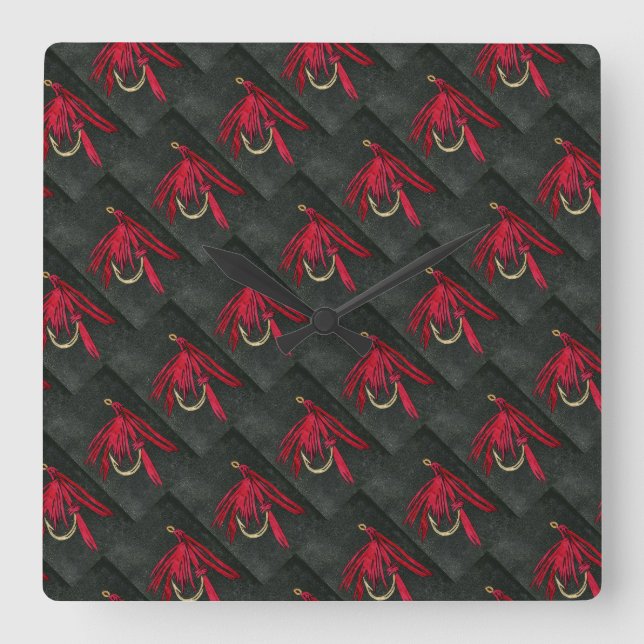 "Red Ibis" wet fly, fly fishing fly tying art Square Wall Clock (Front)