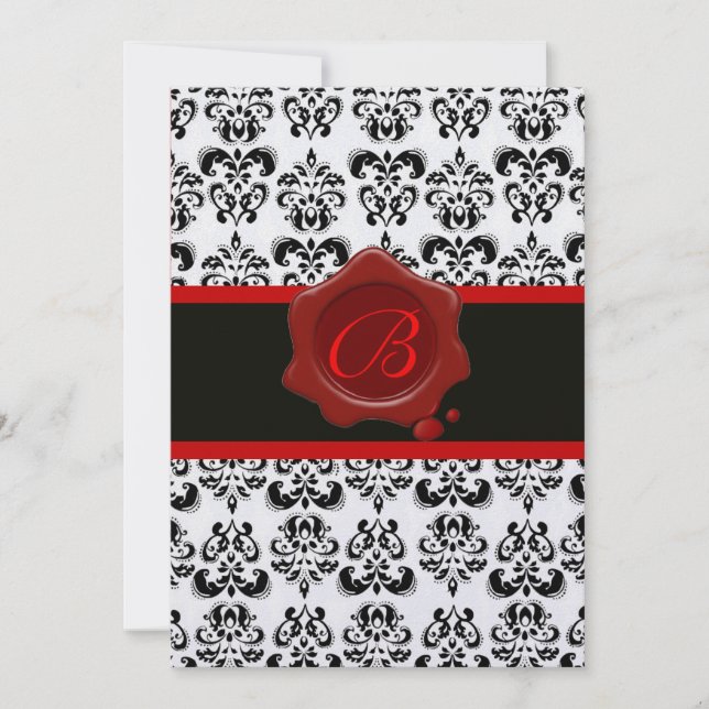RED, ICE AND BLACK DAMASK ,WAX SEAL MONOGRAM INVITATION (Front)