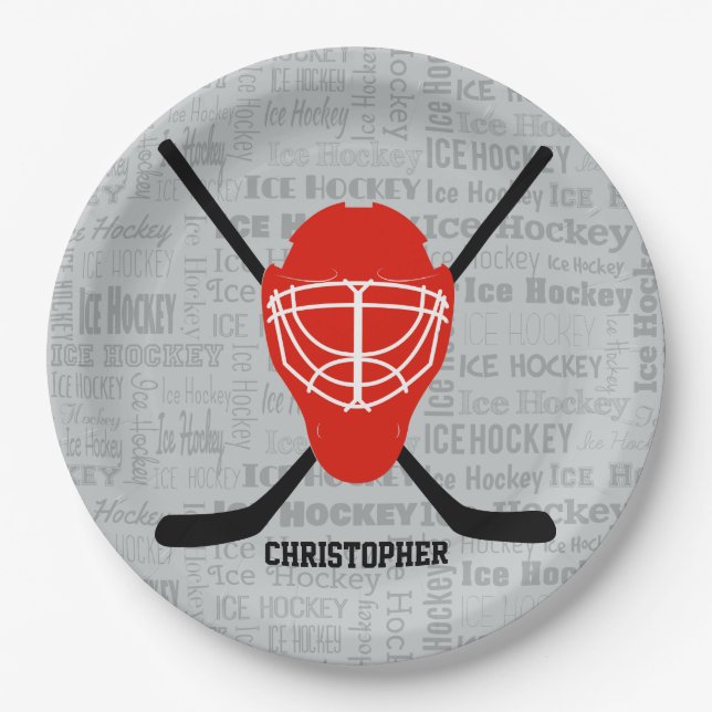 Red Ice Hockey Helmet and Sticks Typography Paper Plate (Front)