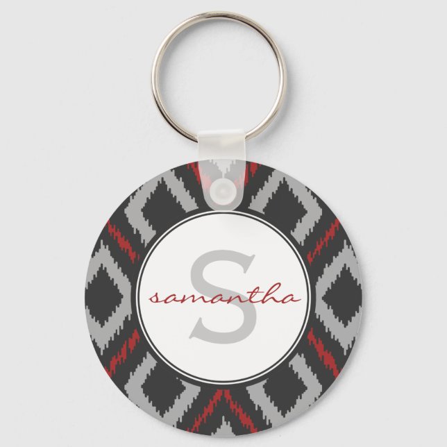 Red Ikat Monogram Key Ring (Front)