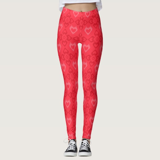 Red Ikat Style Heart Pattern Leggings (Front)