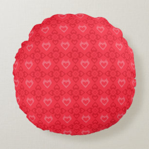 Red Ikat Style Heart Pattern Round Cushion