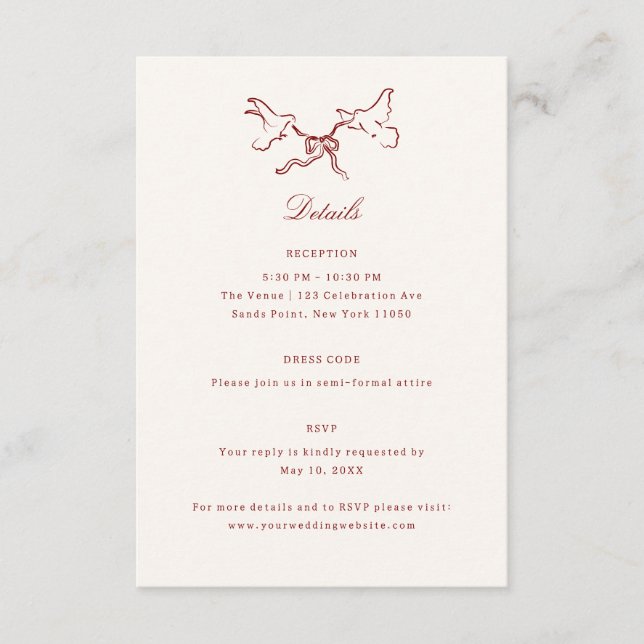 Red Illustrated Birds Whimsical Wedding Details Enclosure Card (Front)