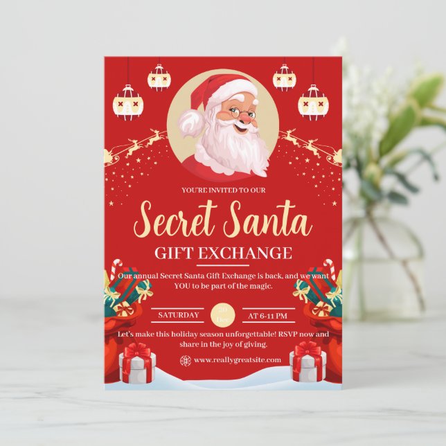 Red Illustrated Secret Santa Gift Exchange Flyer Invitation (Standing Front)