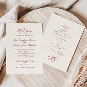 Red Illustrated Swans Whimsical All in One Wedding Invitation
