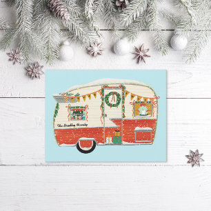 Red Illustrated Vintage Trailer Holiday Postcard