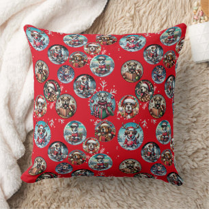 Red illustrative snowflake and dogs Santa gift Cushion