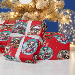 Red illustrative snowflake and dogs Santa gift Wrapping Paper
