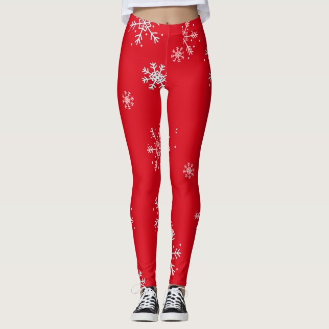Red illustrative snowflake white leggings (Front)