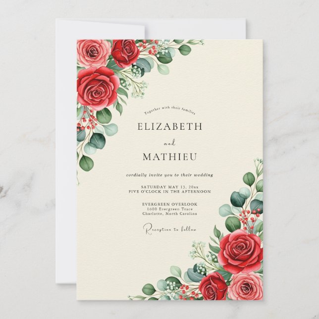 Red Illustrious Floral Wedding Invitation (Front)
