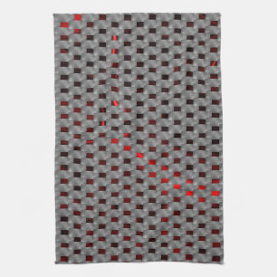 Red image under grey plates, rectangular shapes tea towel