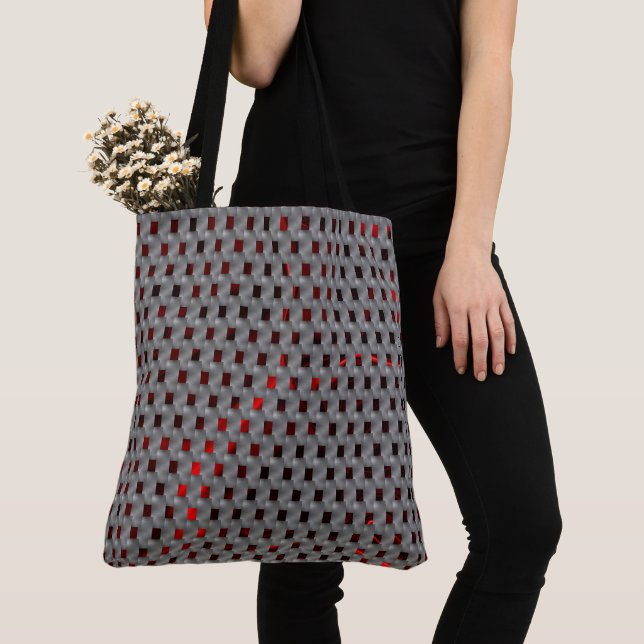 Red image under grey plates, rectangular shapes tote bag (Close Up)