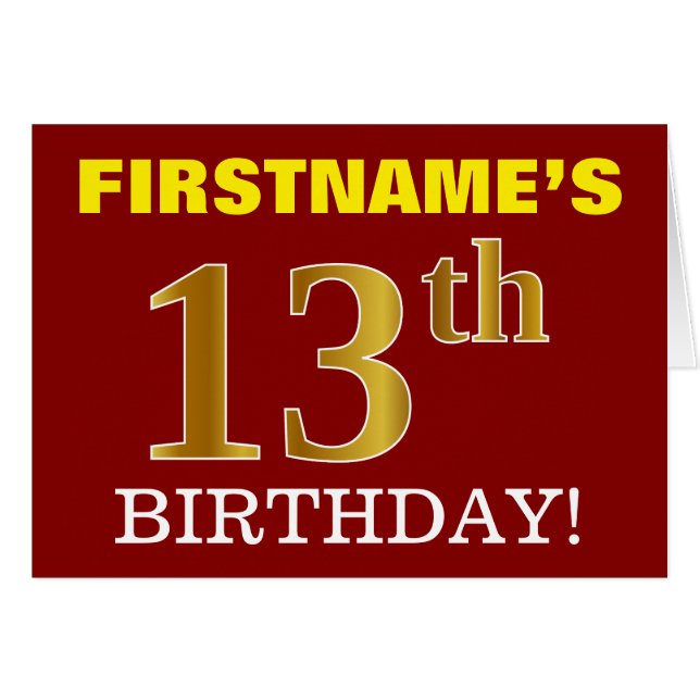 Red, Imitation Gold "13th BIRTHDAY" Birthday Card (Front Horizontal)