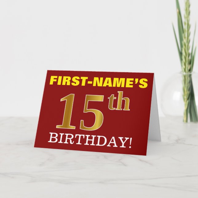 Red, Imitation Gold "15th BIRTHDAY" Birthday Card (Front)