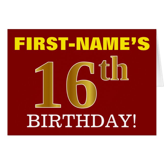 Red, Imitation Gold "16th BIRTHDAY" Birthday Card (Front Horizontal)