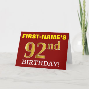 Red, Imitation Gold "92nd BIRTHDAY" Birthday Card