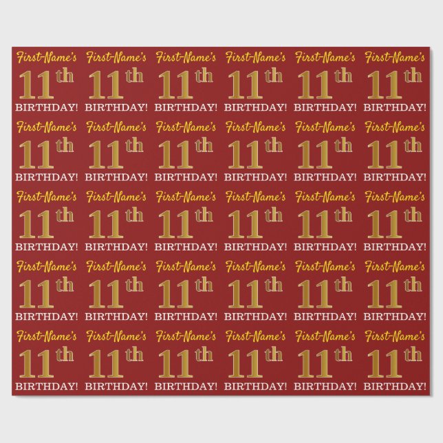 Red, Imitation Gold Look "11th BIRTHDAY" Wrapping Paper (Flat)