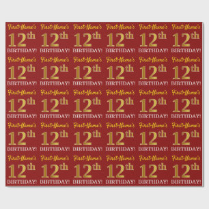 Red, Imitation Gold Look "12th BIRTHDAY" Wrapping Paper