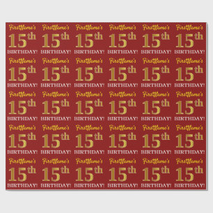 Red, Imitation Gold Look "15th BIRTHDAY" Wrapping Paper