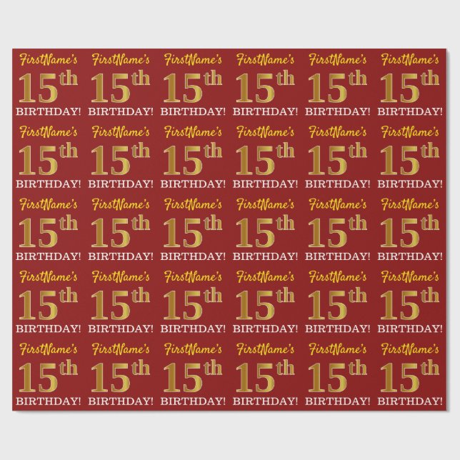 Red, Imitation Gold Look "15th BIRTHDAY" Wrapping Paper (Flat)