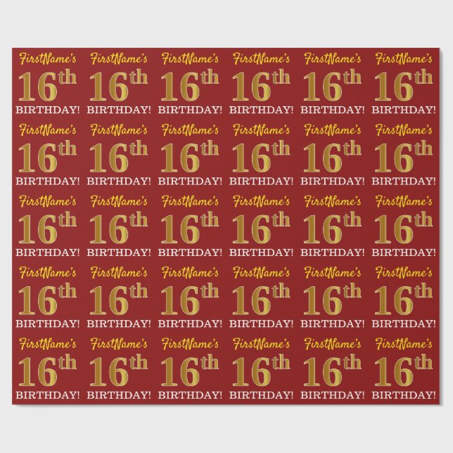 Red, Imitation Gold Look "16th BIRTHDAY" Wrapping Paper (Flat)