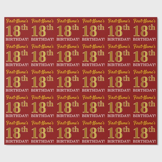 Red, Imitation Gold Look "18th BIRTHDAY" Wrapping Paper (Flat)