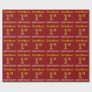 Red, Imitation Gold Look "1st BIRTHDAY" Wrapping Paper