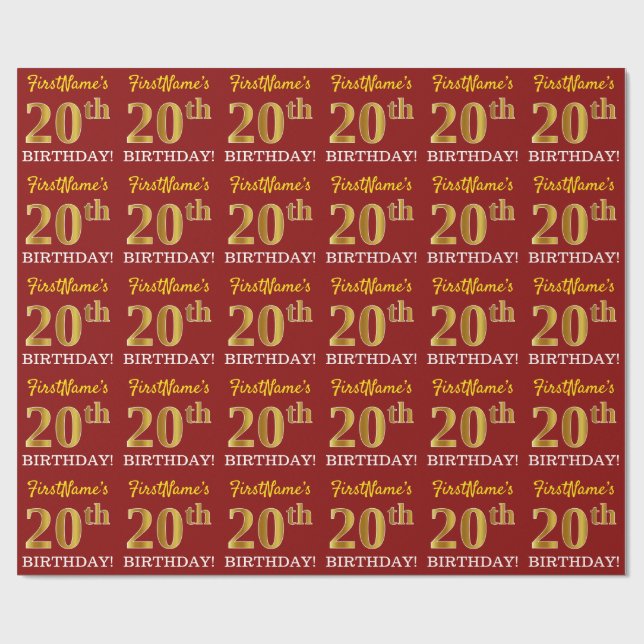 Red, Imitation Gold Look "20th BIRTHDAY" Wrapping Paper (Flat)