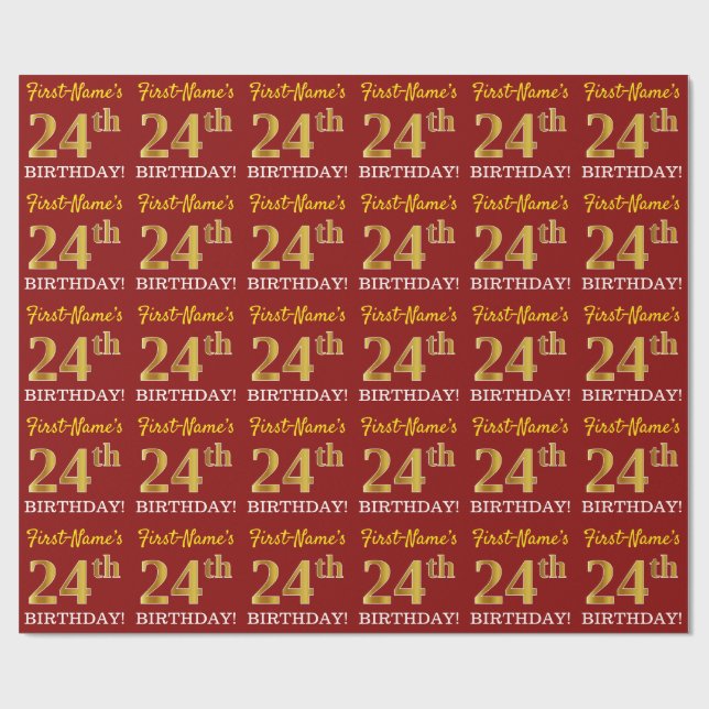 Red, Imitation Gold Look "24th BIRTHDAY" Wrapping Paper (Flat)