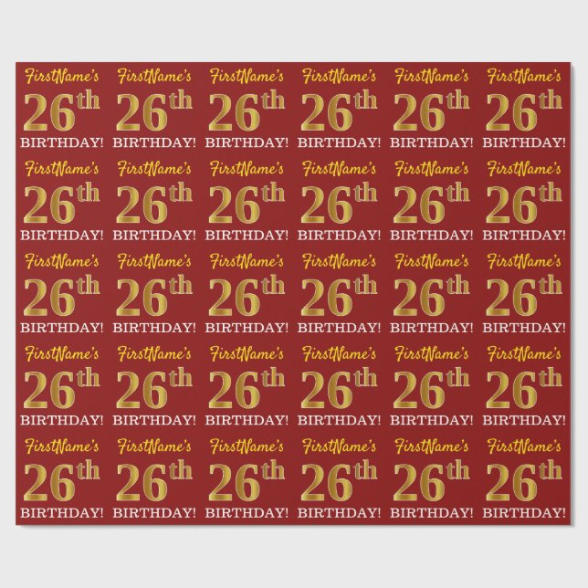 Red, Imitation Gold Look "26th BIRTHDAY" Wrapping Paper (Flat)