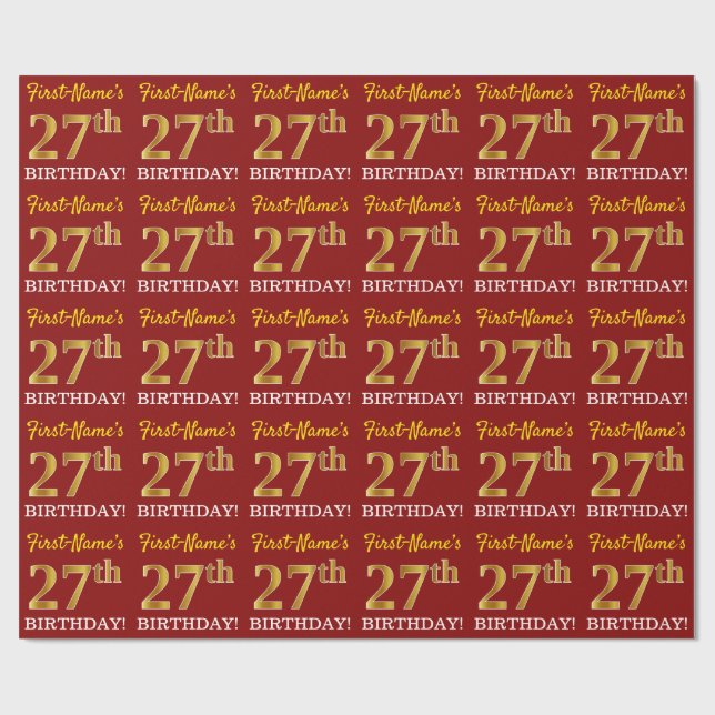 Red, Imitation Gold Look "27th BIRTHDAY" Wrapping Paper (Flat)
