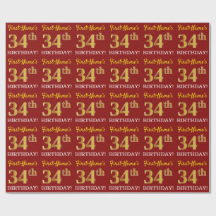 Red, Imitation Gold Look "34th BIRTHDAY" Wrapping Paper