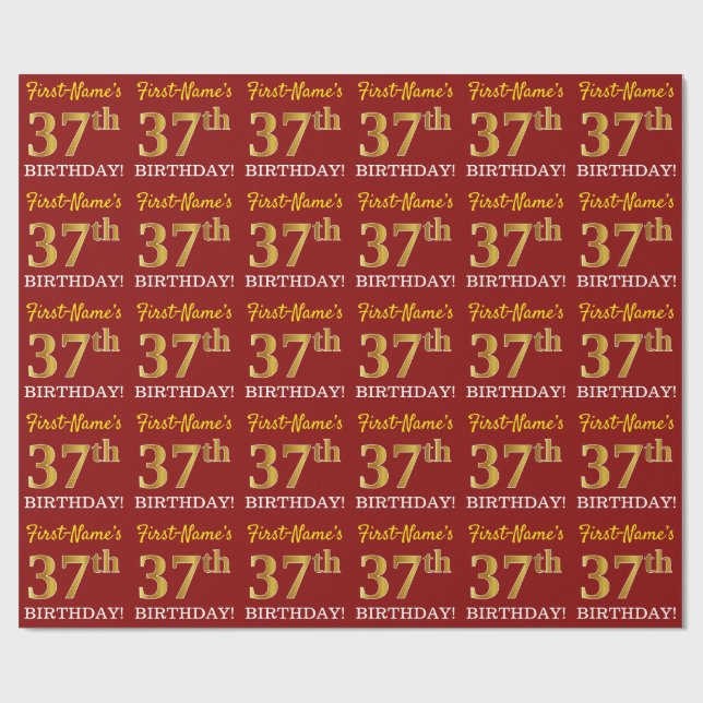 Red, Imitation Gold Look "37th BIRTHDAY" Wrapping Paper (Flat)