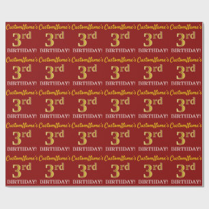 Red, Imitation Gold Look "3rd BIRTHDAY" Wrapping Paper