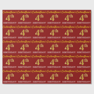 Red, Imitation Gold Look "4th BIRTHDAY" Wrapping Paper