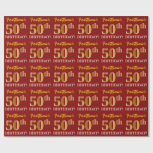 Red, Imitation Gold Look "50th BIRTHDAY" Wrapping Paper