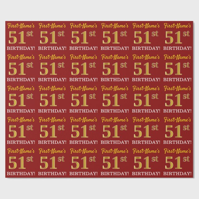 Red, Imitation Gold Look "51st BIRTHDAY" Wrapping Paper (Flat)