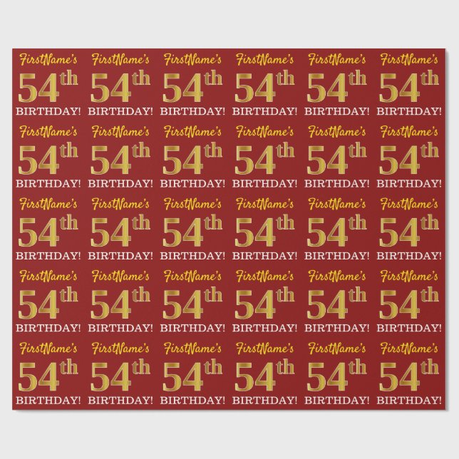 Red, Imitation Gold Look "54th BIRTHDAY" Wrapping Paper (Flat)