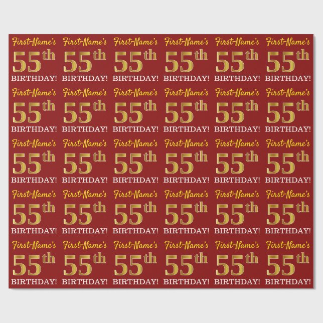 Red, Imitation Gold Look "55th BIRTHDAY" Wrapping Paper (Flat)