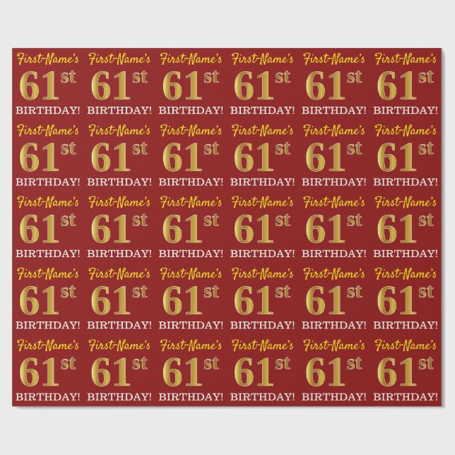 Red, Imitation Gold Look "61st BIRTHDAY" Wrapping Paper (Flat)