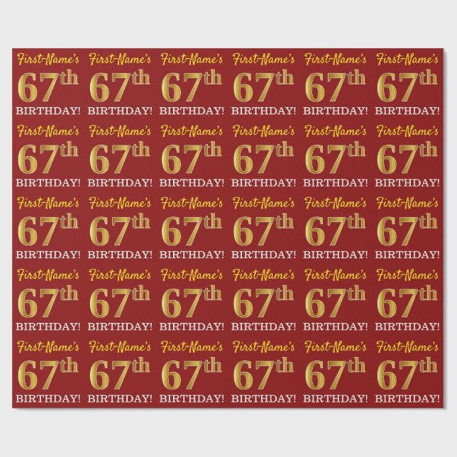 Red, Imitation Gold Look "67th BIRTHDAY" Wrapping Paper (Flat)