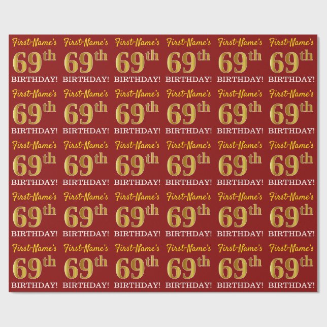 Red, Imitation Gold Look "69th BIRTHDAY" Wrapping Paper (Flat)