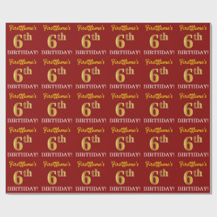 Red, Imitation Gold Look "6th BIRTHDAY" Wrapping Paper