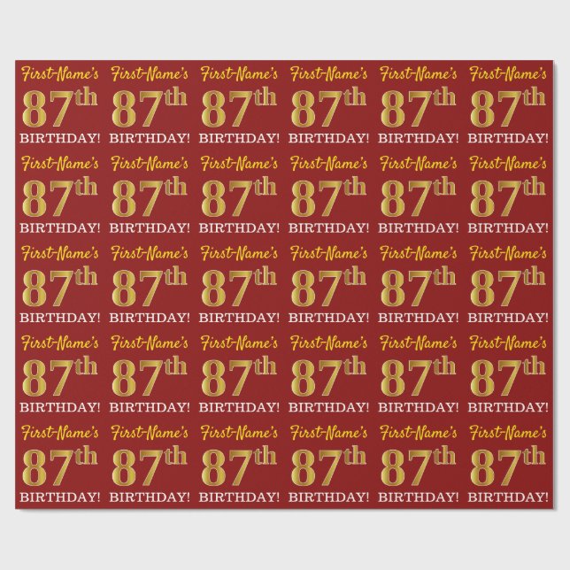Red, Imitation Gold Look "87th BIRTHDAY" Wrapping Paper (Flat)