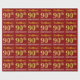 Red, Imitation Gold Look "90th BIRTHDAY" Wrapping Paper