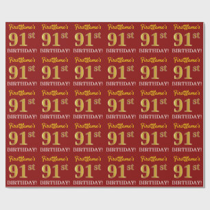 Red, Imitation Gold Look "91st BIRTHDAY" Wrapping Paper