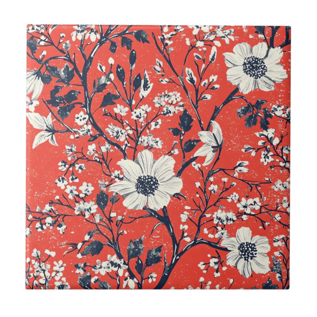 Red Indigo Folk Winter Floral Snow Pattern Ceramic Tile (Front)