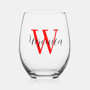 Red Initial and Black Name   Elegant Stemless Wine Glass