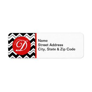 Red Initial Monogram Black & White Zizzag Chevron Return Address Label